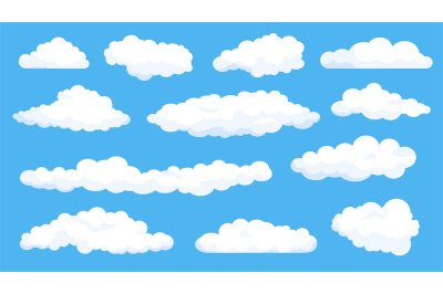 Cartoon fluffy white clouds on summer blue sky. Cloudy weather comics