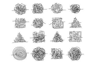 Chaos line scribbles and random tangled maze shapes. Pen doodle concep