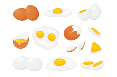 Cartoon raw, broken boiled and fried chicken eggs with yolk. Fresh far