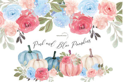 Pink &amp;amp; Blue Flowers Pumpkin clipart&2C; Fall autumn&2C; Floral Leaves