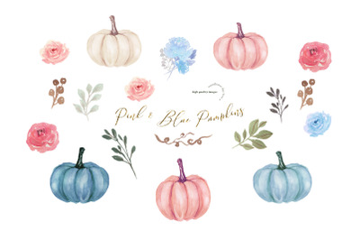 Elegant Pink &amp;amp; Blue Flowers Pumpkin Clipart&2C; Fall Pumpkin watercolor