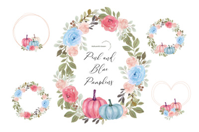 Pink &amp;amp; Blue Flowers Pumpkin Frame Clipart&2C; Elegant Fall Pumpkin Frame