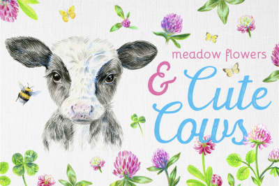 Cute cows and meadow flowers. Dairy collection