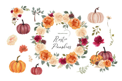 Burnt Orange Pumpkin clipart&2C; Boho Floral Leaves Pumpkin watercolor