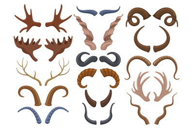 Wild animals horns antlers, reindeer, bull, goat. Hunting trophy deer,