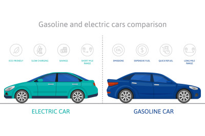 Eco friendly electric cars and gasoline car comparison. Electric auto