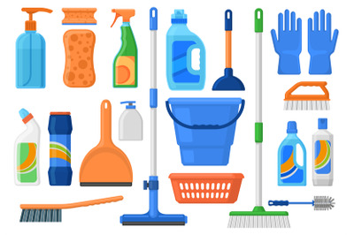 Household supplies, cleaning services tools and detergent bottles. Cle