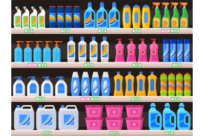 Household supplies, chemical detergent bottles on supermarket shelves.