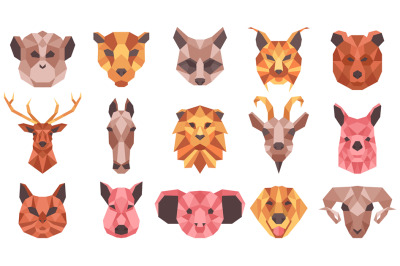 Polygonal geometric animals low poly portraits. Wild and domestic anim