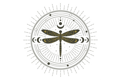 Magical witchcraft dragonfly insect mystical spell circle. Witchcraft