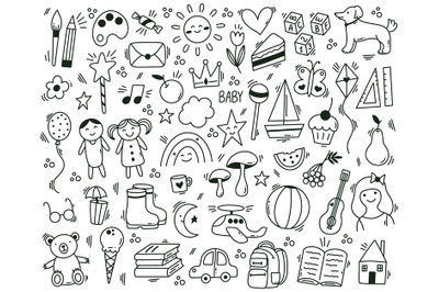 Cute childish kindergarten hand drawn doodle elements. Funny hand draw