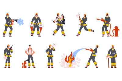 Firefighter characters emergency service watering fire and save people