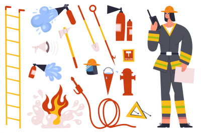 Firefighter, fireman character with fire fighting equipment tools. Fir