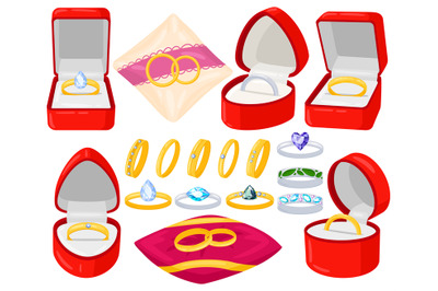 Cartoon wedding engagement jewel golden and silver rings. Marriage pro