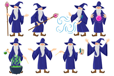 Cartoon fairy tale medieval wizard, magician character. Old magician,