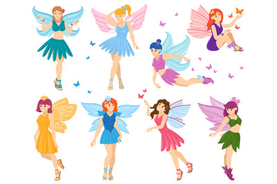 Cartoon magical fairy tale little fairies characters. Cute little flyi