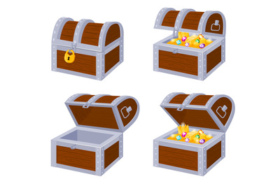 Cartoon pirate wooden chests with gold treasure, open and close. Woode