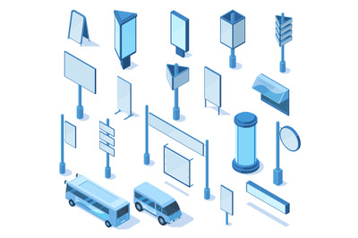 Isometric street outdoor media advertising 3d blank billboards. Empty