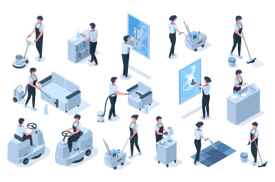 Isometric cleaning service professional workers characters. Cleaning s