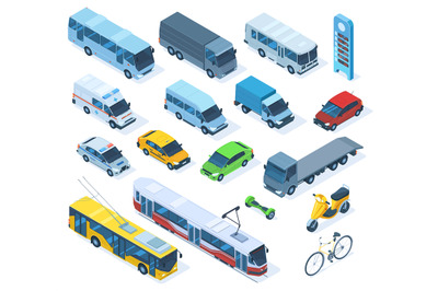 Isometric 3d transport, sedan, bus, ambulance car, truck, bicycle. Pub