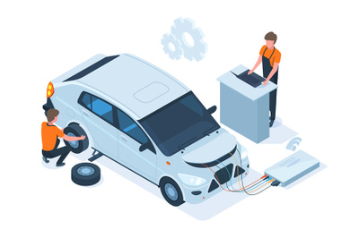 Isometric car maintenance, repair, computer diagnostics station. Auto