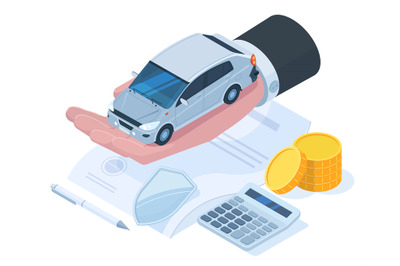 Isometric car protection insurance, money guarantee concept. Car insur