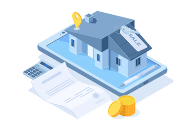 Isometric buying dream house concept, real estate agency service. Real