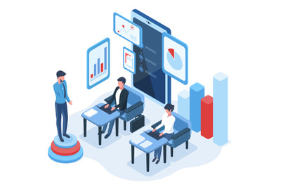 Isometric people and charts data analysis concept. Financial statistic