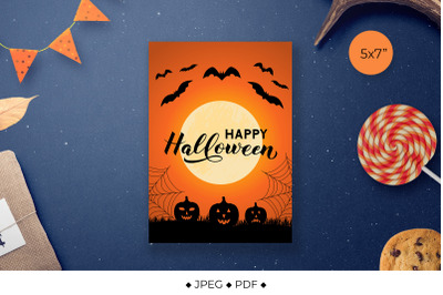 Halloween card with pumpkins, bats and cobweb