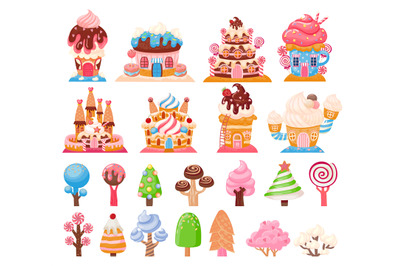 Candy land chocolate biscuit houses and caramel trees. Fantasy city wi