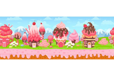 Sweet candy land seamless panorama for game background. Cartoon magic