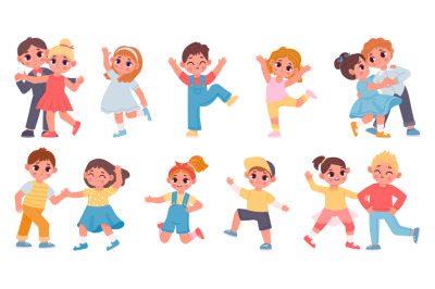 Cute cartoon children boys and girls dancing in couples. Kindergarten