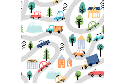 Cartoon roads and cars&2C; city map kid seamless pattern. Wallpaper with