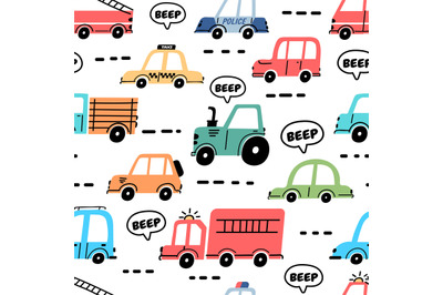 Cartoon cars seamless pattern with truck&2C; police and fire engine. Baby