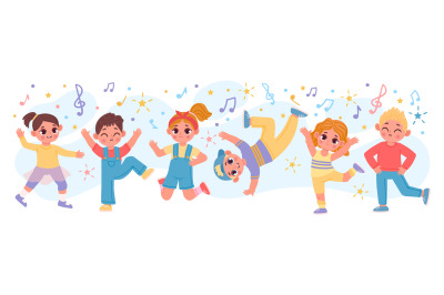 Happy cartoon children group dancing and jumping together. Fun active