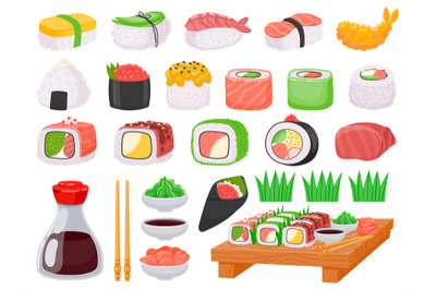 Japanese food sushi, onigiri, salmon sashimi and sauces. Cartoon shrim