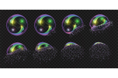 Realistic soap bubble burst explosion animation sequence. 3d water foa