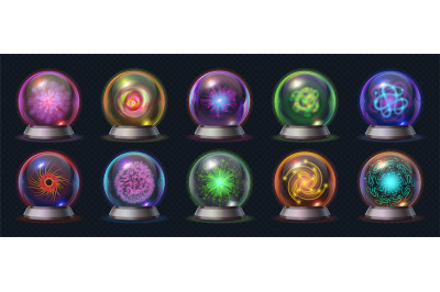 Realistic magic crystal ball with glowing energy and lightnings. Fortu