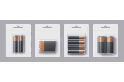 Realistic alkaline battery size packages mockup design. Black and gold