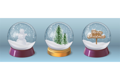 Realistic crystal snow ball with snowman and christmas tree. Glass glo