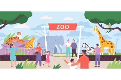 Flat zoo entrance gates with visitor family and kids. Cartoon safari p