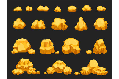 Cartoon gold mine nuggets, boulders, stones and piles. Natural shiny s