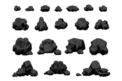 Cartoon mine black coal pieces and piles, burning material. Charcoal l