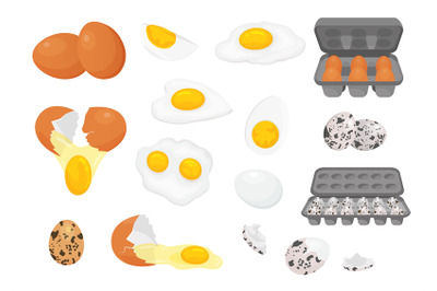 Cartoon farm fresh chicken and quail eggs in packages. Broken, raw, fr