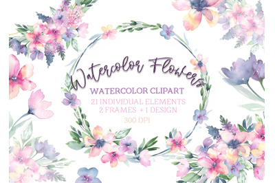 Watercolor flowers clipart Delicate flower clip art floral frame wreat