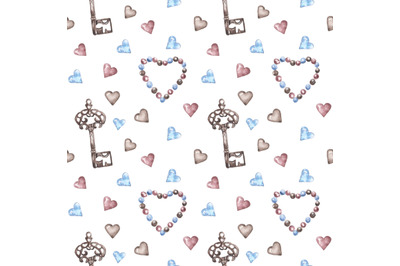 Vintage, Valentine&#039;s Day watercolor seamless pattern. Hearts, key
