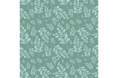 Green leaves watercolor seamless pattern. Greens. Flora. Plants