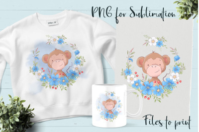 Cute Monkey sublimation. Design for printing.