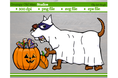 dog in ghost costume stealing candy | Halloween design