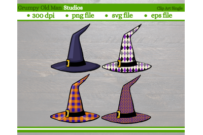witch&#039;s hats in argyle, buffalo plaid and polka dot